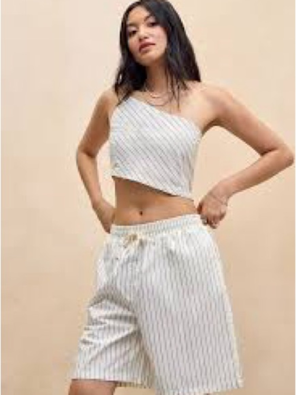 BDG Cream & Blue Pinstripe High-Rise Drawstring Shorts and top set